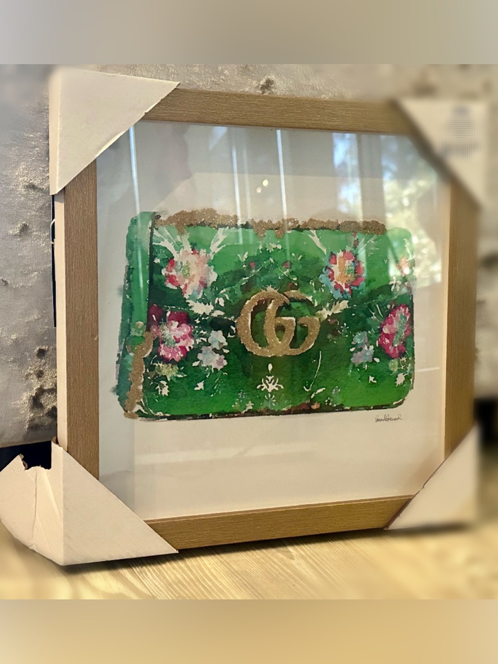 Framed Luxury Green Floral Bag Print Gold Accent